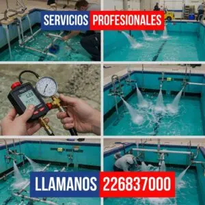 Equipo de prueba de presión conectado a tuberías de piscina